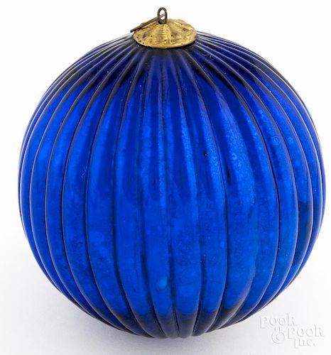 German Kugel blue ribbed ball Christmas ornament, 5'' dia.