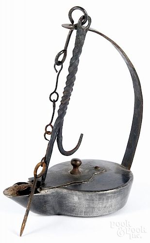 Contemporary iron and pewter betty lamp, initialed on arm, 5 1/2'' h.