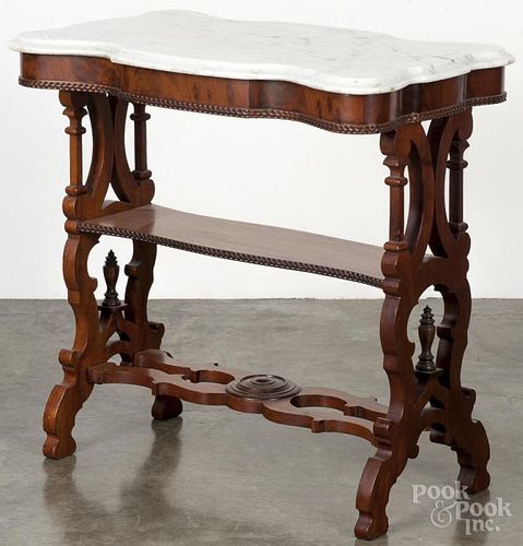 Victorian mahogany marble top stand, 19th c., stamped W. H. Yergers Furniture Manufactures, 28'' h.