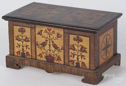 Miniature painted dower chest, signed G. W. Yeagler 1946, 5'' h., 9 1/2'' w.