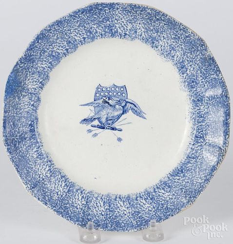 Blue spatter plate, 19th c., with transfer eagle decoration, 8'' dia.