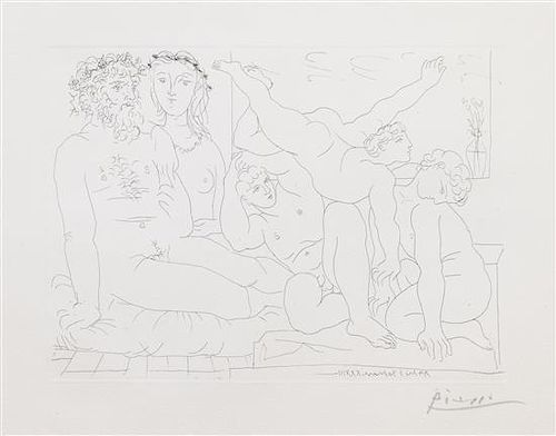 Pablo Picasso, (Spanish, 1881-1973), Sculptor and Model Watching Three Jugglers, (plate 54 from La Suite Vollard)