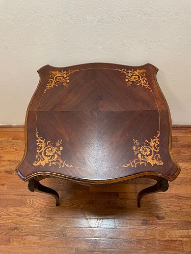 Petite French Inlaid Side Table w Gold Ormolu 