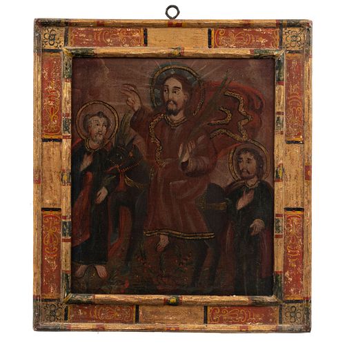 ANÓNIMO. Jesús con santos. Óleo sobre tela. 42 x 36 cm. Con marco de madera policromada.