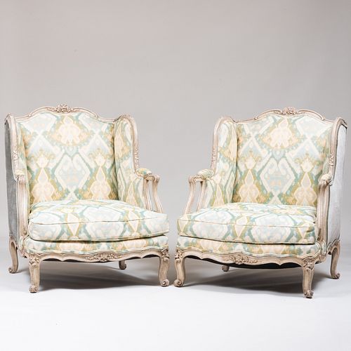 Pair of Louis XV Style White Painted Winged BergÃ¨res, of Recent Manufacture