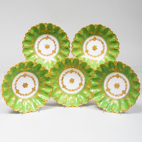 Set of Five Limoges Green Ground Porcelain Bowls