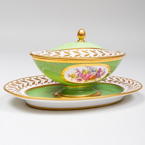 SÃ¨vres Green Ground Porcelain Sauce Tureen on Fixed Stand