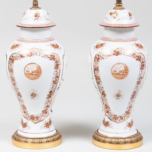 Pair of Chinese Export Style Porcelain Vases and Covers Mounted as Lamps