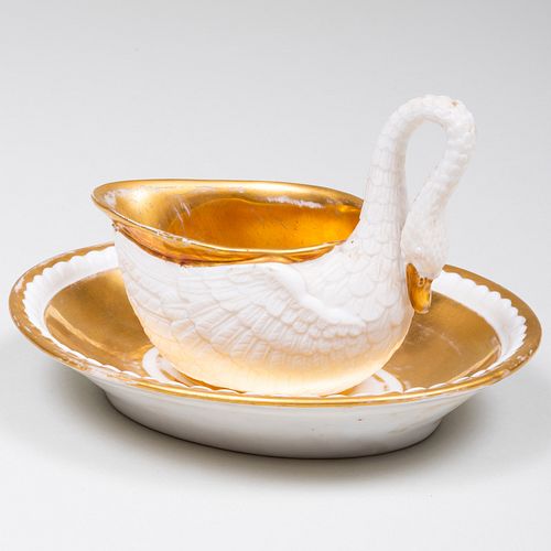 Paris Porcelain Gilt-Decorated Porcelain Swan Form Sauce Boat and Underplate