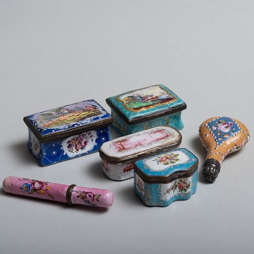 Group of Four Staffordshire Enamel Snuff Boxes, a Needle Case and a Scent Bottle