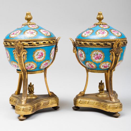 Pair of Gilt-Metal-Mounted SÃ¨vres Style Turquoise Ground Porcelain Potpourri Vases and Covers