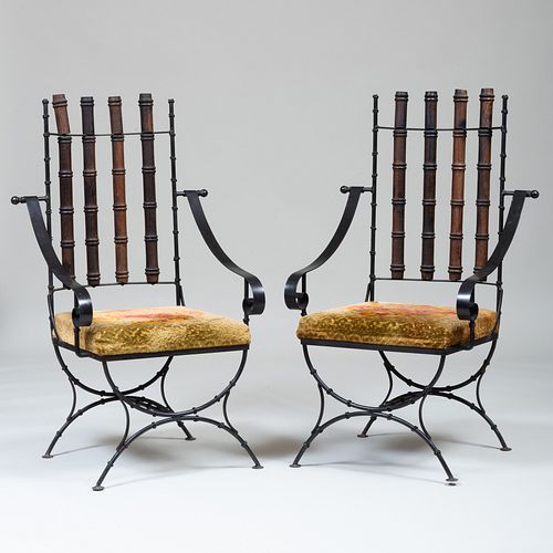 Pair of Modern Oak and Iron Faux Bamboo Armchairs