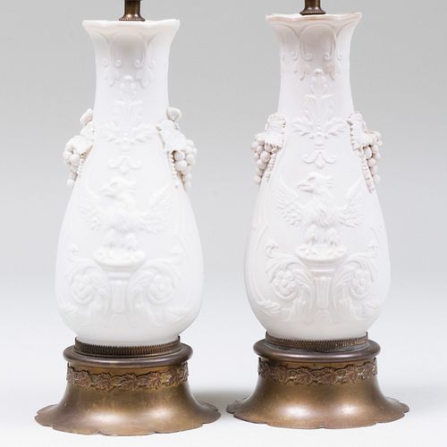 Pair of Continental Biscuit Vases Mounted as Lamps