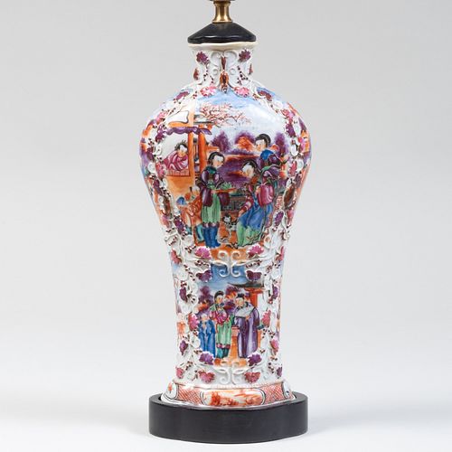 Chinese Export Porcelain Mandarin Palette Vase Mounted as a Lamp