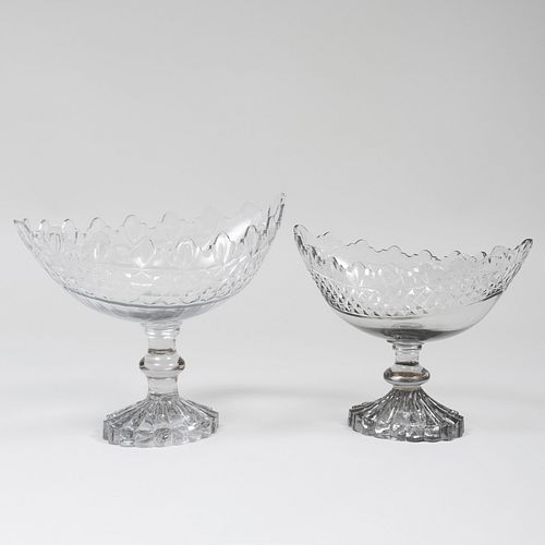 Two Similar English Cut Glass Oval Compotes