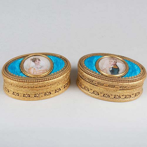 Pair of Continental Guilloche Enamel and Gilt-Metal Oval Boxes