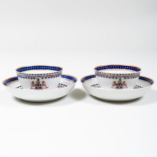 Pair of Chinese Export Armorial Porcelain Teabowls and Saucers