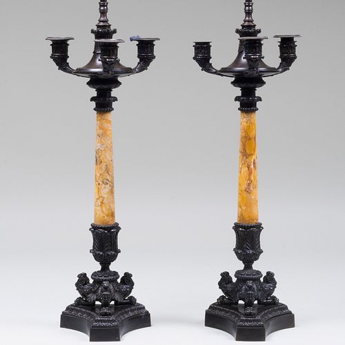 Pair of Regency Style Patinated-Metal and Marble Candelabra Mounted as Lamps