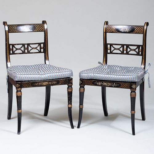Pair of Regency Style Black, Gold and Grisaille Painted Side Chairs