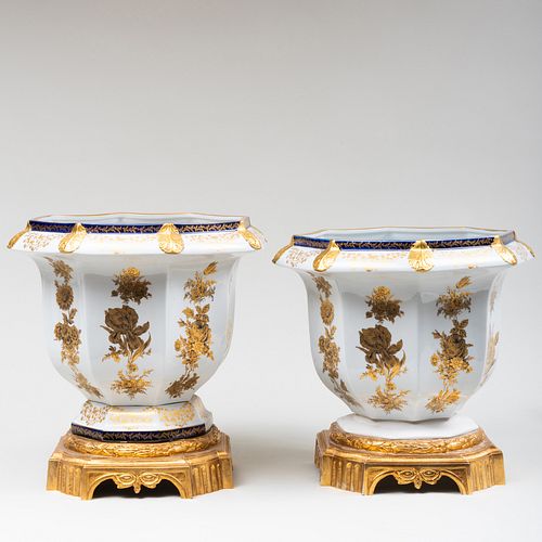 Pair of Gilt-Metal-Mounted Sevres-Style Porcelain JardiniÃ¨res