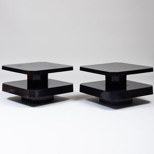 Two Modern Ebonized Plastic Two-Tier Low Tables