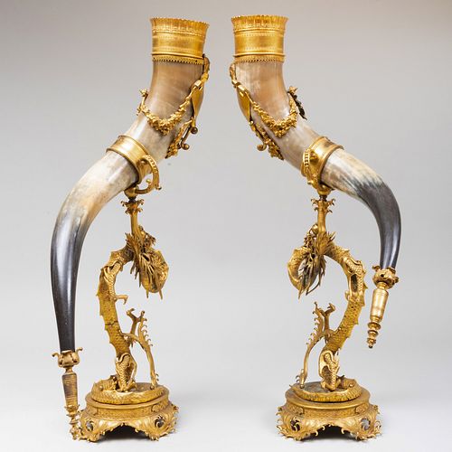 Pair of Gilt Metal Mounted Horn Vessels