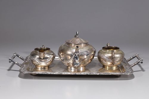 Chinese Export Porcelain Silver Tea Set and Tray