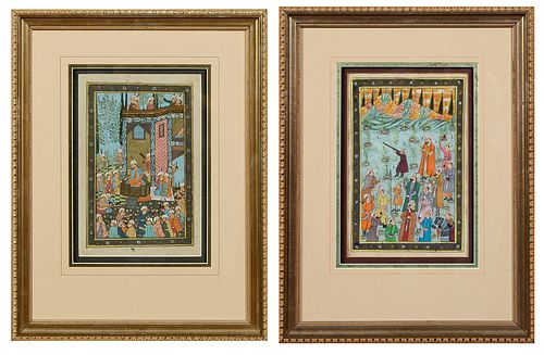 Pair of Persian School Watercolors, early 20th c., each unsigned, each presented in a mat and gilt frame, H.- 10 3/4 in., W.- 7 1/8 in., Framed H.- 19