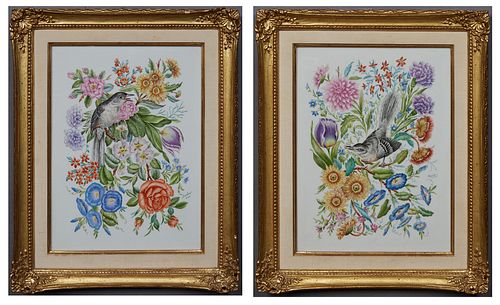 Edward Marshall Boehm (1912 -1969, New Jersey), pair of Mockingbird porcelain plaques, limited edition, issued 1970, each presented in a gilt frame, H