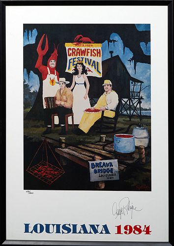 George Rodrigue (1944-2013), "Crawfish Festival," 1984, print, 588/3000, pen numbered lower left margin, pen signed lower right margin, presented in a