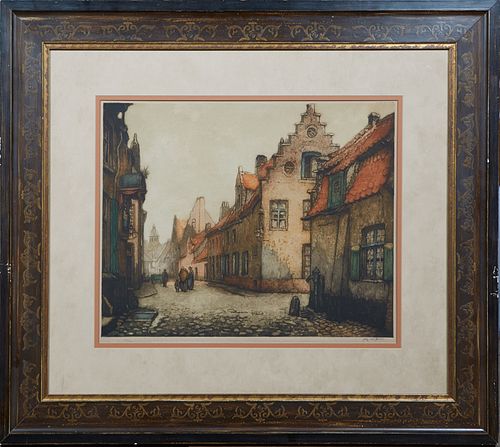 Adolf Neste (1880-1959, Belgium), "Street Views of Brussels," early 20th c., colored etching, editioned 322/350 in pencil lower left, signed in pencil