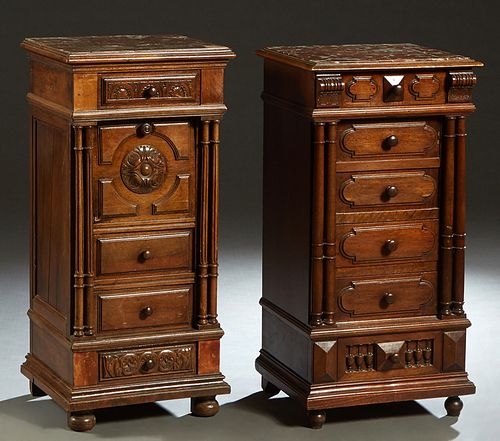 Near Pair of Henri II Style Carved Walnut Marble Top Nightstands, late 19th c., one with an inset figured dished brown marble over a frieze drawer and