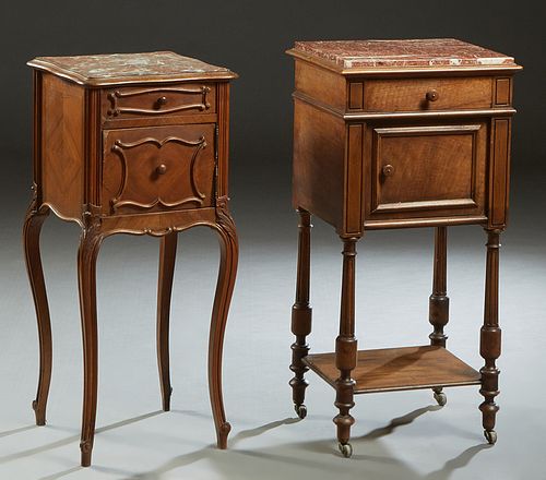 Two French Carved Mahogany Marble Top Nightstands, early 20th c., one Louis XV style with a figured brown marble over a frieze drawer and a marble lin
