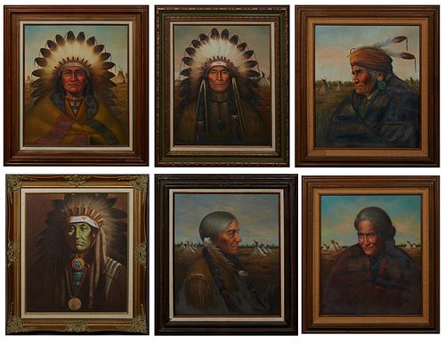 Kenneth Su (1901-2000, American), Six Tribal Portraits, 20th c., acrylics on canvas, each signed and presented in a wood frame, H.- 23 5/8 in., W.- 19