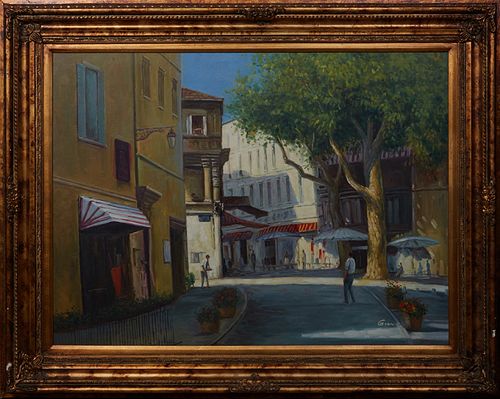 Chinese School, "European Street Scene," 20th c., oil on canvas, signed indistinctly lower right, presented in a gilt frame, H.- 29 1/2 in., W.- 39 1/