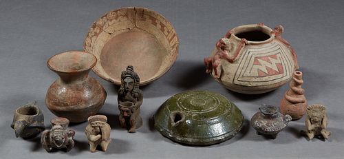 Group of Eleven Pre-Columbian Style Pottery Vessels, 20th c., consisting of six figural examples, four bowls and a pitcher, Largest- H.- 7 in., W.- 10