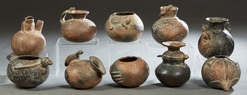 Group of Ten Pre-Columbian Style Pottery Vessels, 20th c., with relief animal decoration, Largest- H.- 6 1/2 in., W.- 6 1/2 in., D.- 5 1/2 in. Provena