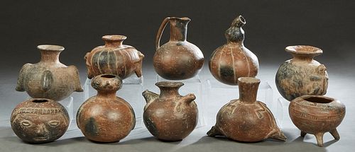 Group of Ten Pre-Columbian Style Pottery Vessels, 20th c., with relief figural or animal decoration, two of gourd form, Largest- H.- 8 1/2 in., Dia.- 