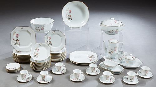 Sixty-Five Piece Set of Limoges Porcelain Dinnerware, 20th c., by J. B of Saint Eloi, of octagonal form with floral decoration and gilt edges, consist