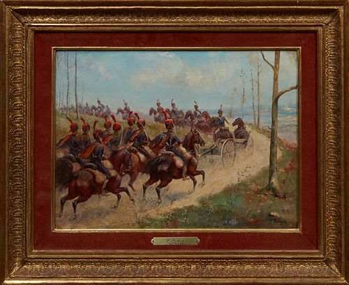 Paul Emile Leon Perboyre (1851-1929, French), "Soldiers Going to Battle," 19th c., oil on canvas, signed lower right, presented in a burnt orange velv