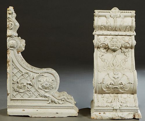 Pair of Large Plaster Corbels on Brackets, early 20th c., with relief leaf and floral decoration, H.- 24 in., W.- 11 in., D.- 15 1/2 in.