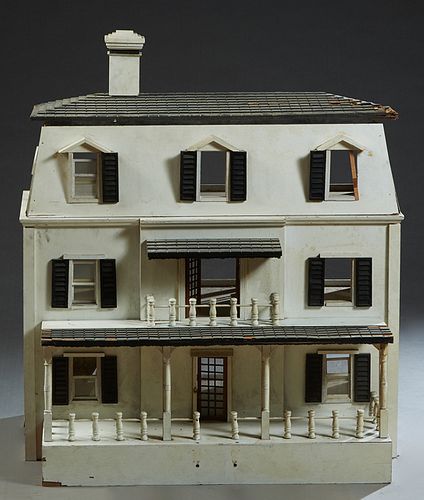 Child's Wooden Three Story Doll House, 20th c., with a shingled roof and shuttered windows, H.- 36 in., W.- 36 3/4 in., D.- 32 1/2 in.