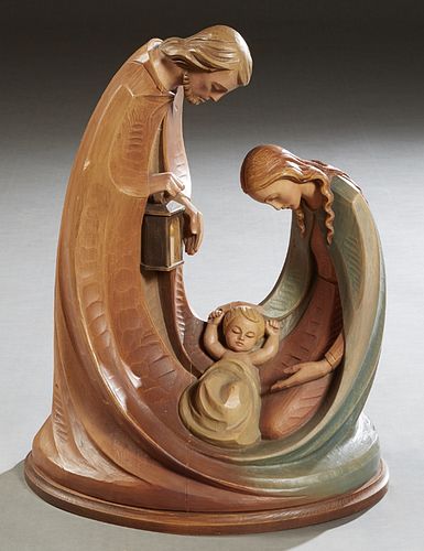Vincenzo Demetz Figlio (Ortesio, Italy) "Carved and Polychromed Nativity Scene of the Holy Family," 20th c., large and impressive linden wood figure, 