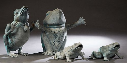 Group of Four Patinated Bronze Garden Figures, 20th c., of frogs, two large seated examples, and two jumping examples, H.- 15 1/2 in., W.- 16 1/2 in.,