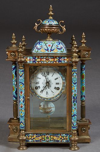 Chinese Export Cloisonne on Brass Mantel Clock, 20th c., with an urn surmount over a time and strike drum clock, with beveled glass sides, flanked by 