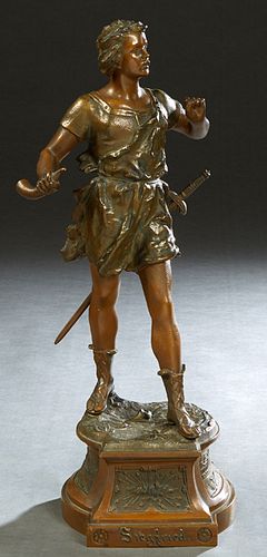 German School, "Siegfried," late 19th c., patinated bronze, on a rounded patinated spelter base, titled on the front of the base, H.- 19 1/2 in., W.- 