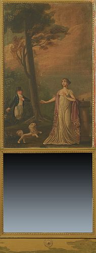 French Gilt Carved Pine Trumeau Mirror, 19th c., the upper panel with a large oil on canvas of a lady and a dog in a landscape, within a beaded frame,