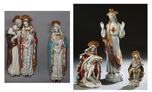 Eugenio Pattarino (1885-1971, Italian), Group of Five Glazed Ceramic Religious Figures, 20th c., consisting of a two Madonna and the Infant Jesus, Jes