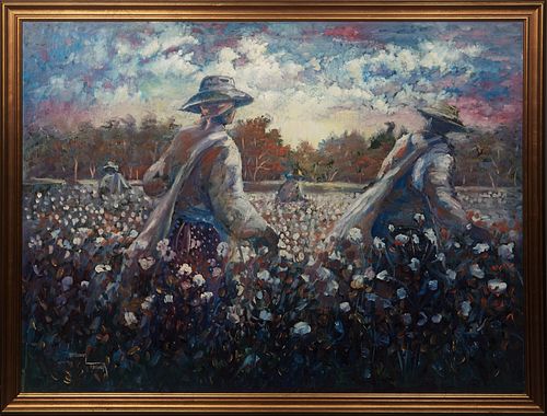 William Tolliver (1951-2000, Mississippi/ Louisiana), "Untitled Field Workers," c. 1985, oil on panel, signed lower left, with a copy of the certific
