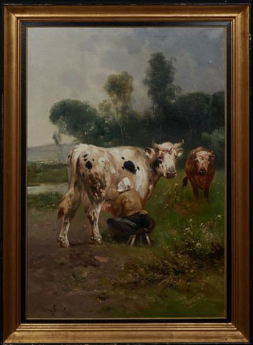Henri Schouten (1857–1927, Belgian), "Milking the Cows," 20th c., oil on canvas, signed lower left, presented in a gilt frame, H.- 24 3/4 in., W.- 23 